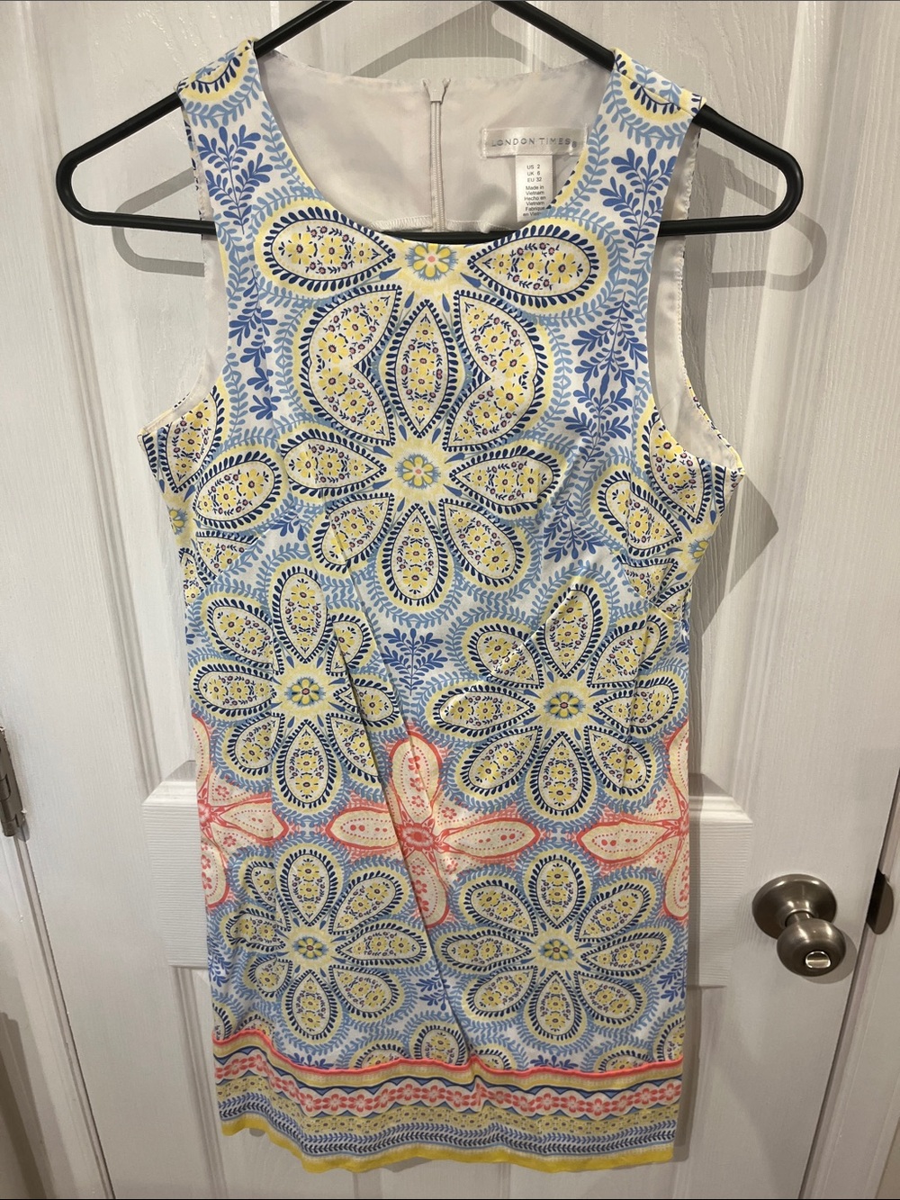 London Times Sleeveless Floral Jacquard Dress in Blue, Yellow & Coral